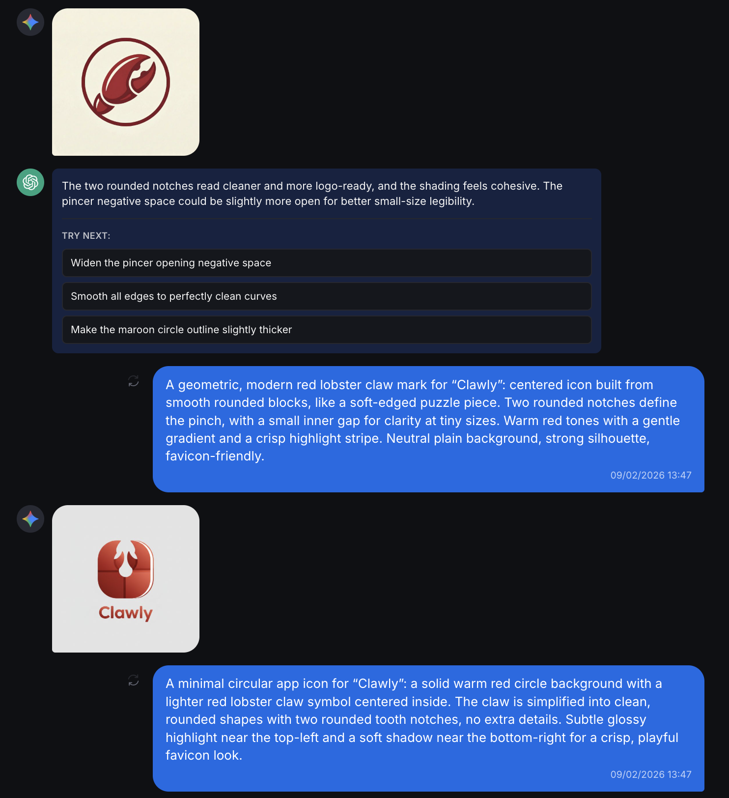 AI feedback and try-next suggestions during logo iteration